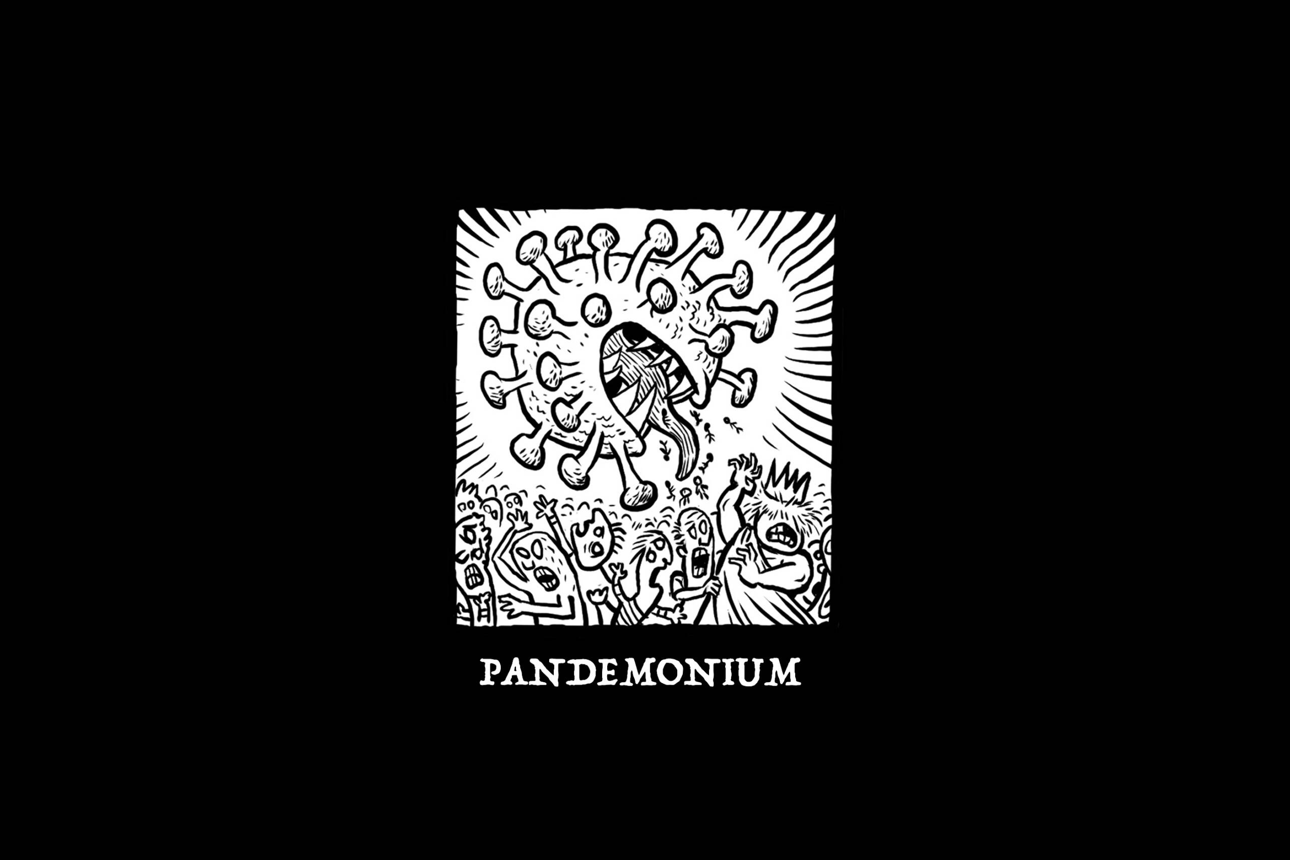 comic illustration of a covid virus terrorising a crowd people