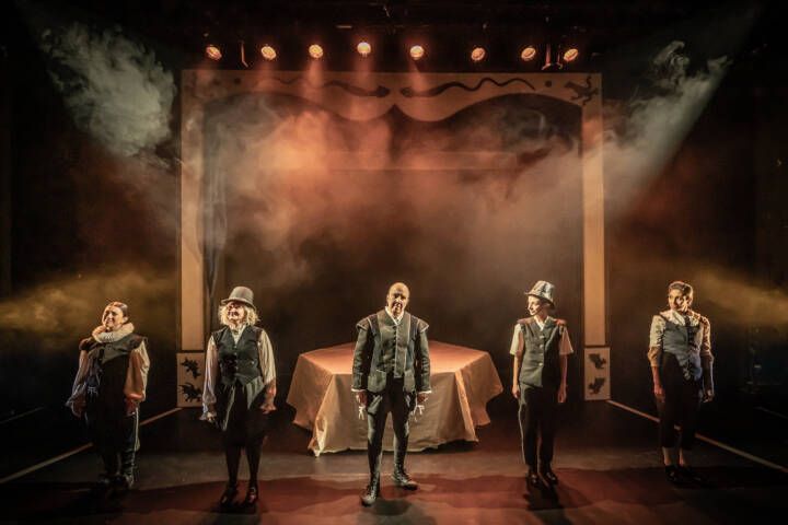 Amalia Vitale, Debra Gillett, Paul Chahidi, Faye Castelow, Natasha Jayetileke standing in a row for bows