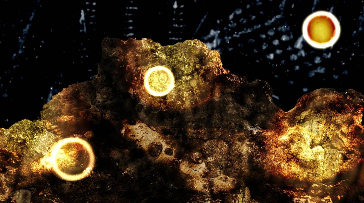 Artistic composition including a dark blue patterned background and burnt orange yellow textured foreground with three burn like circles across diagonally