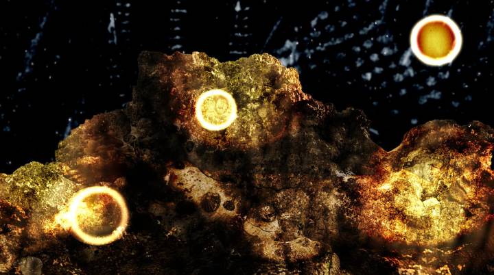 Artistic composition including a dark blue patterned background and burnt orange yellow textured foreground with three burn like circles across diagonally